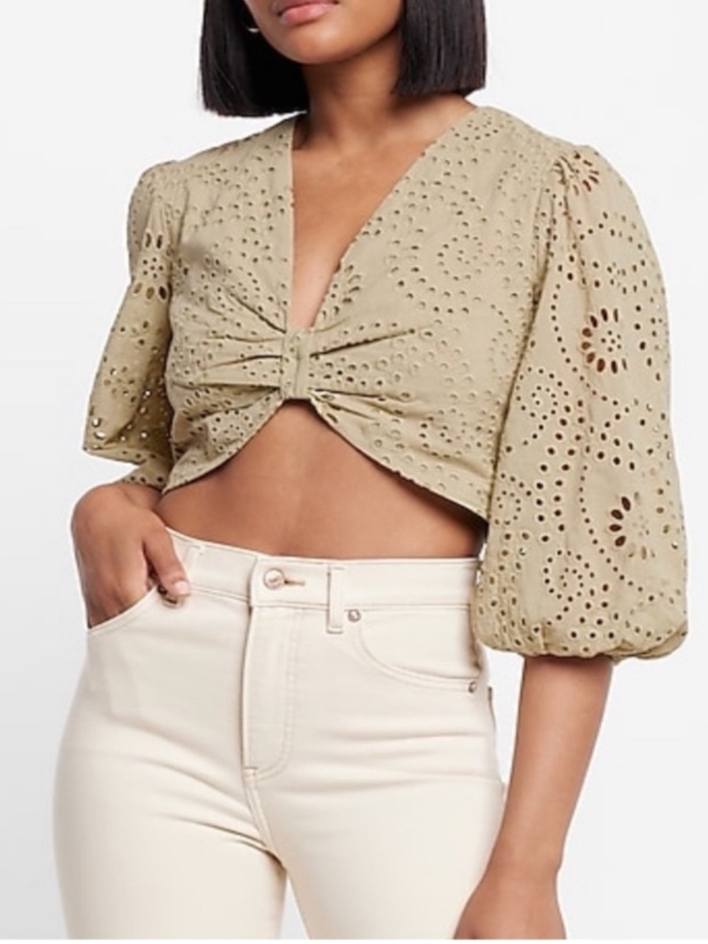 Express Eyelet Twist-Front Crop Top in Olive